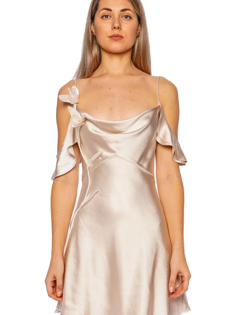 Self-Portrait Satin Flower Mini Dress in Champagne